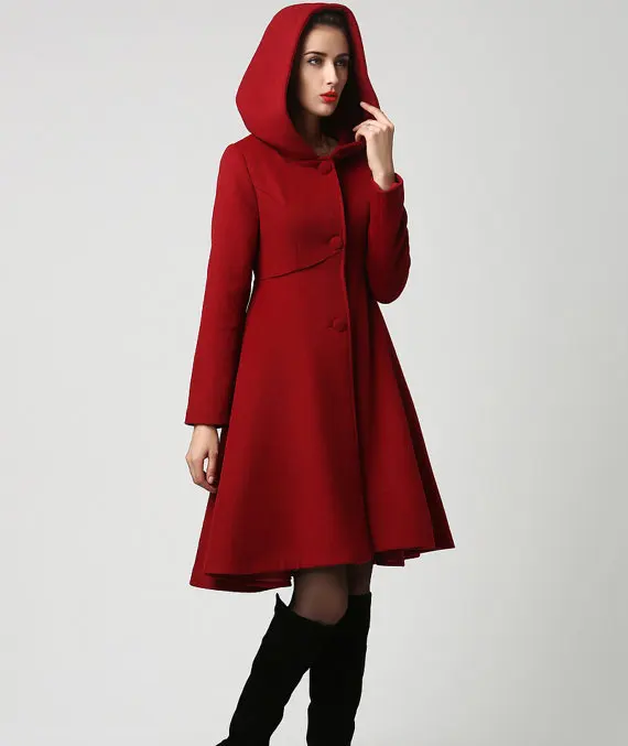Fashion Women Red Wool Midi Winter Coat Dress With Hood - Buy Coat ...