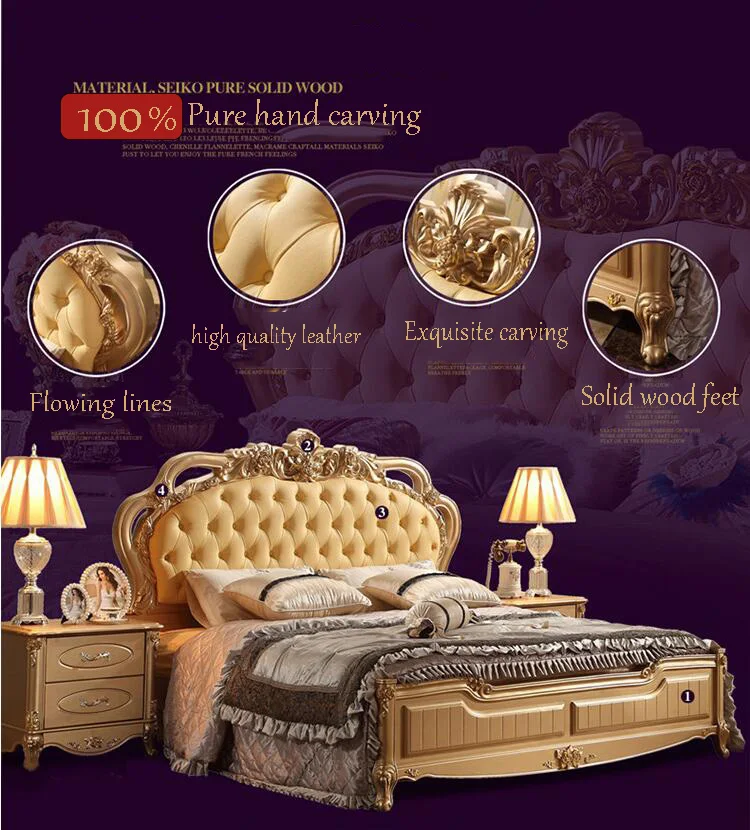 modern european solid wood bed Fashion Carved 1.8 m bed french bedroom furniture p10062