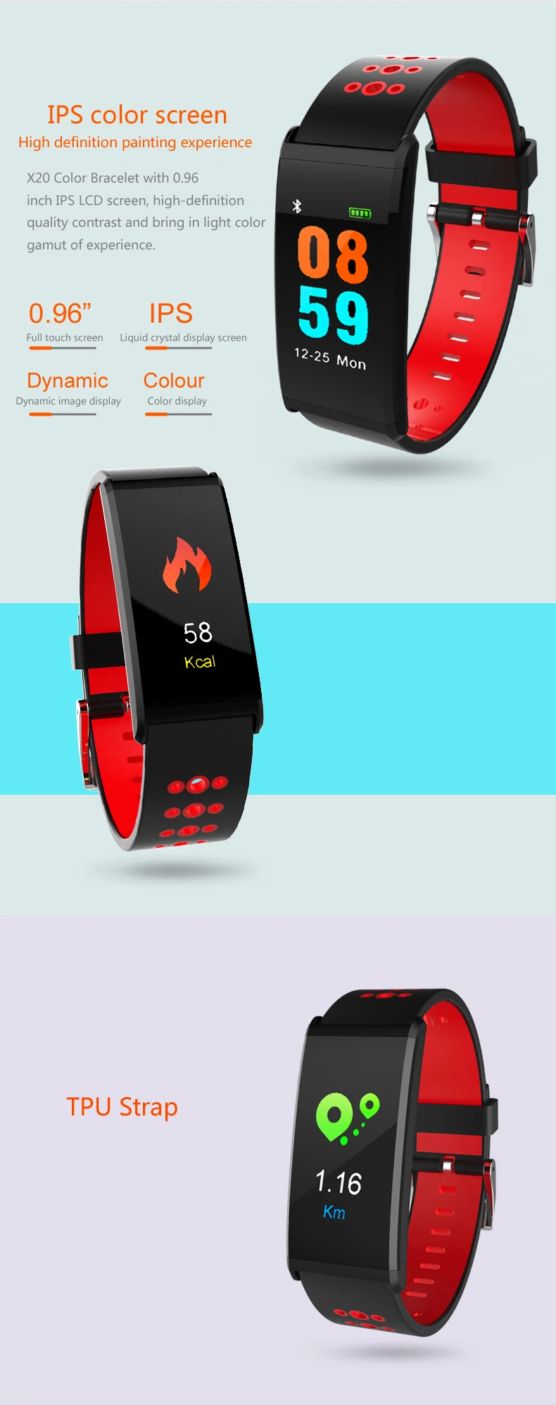 X20 ip68 waterproof digital smart bracelet with color display/heart rate/sleeping monitor sport band