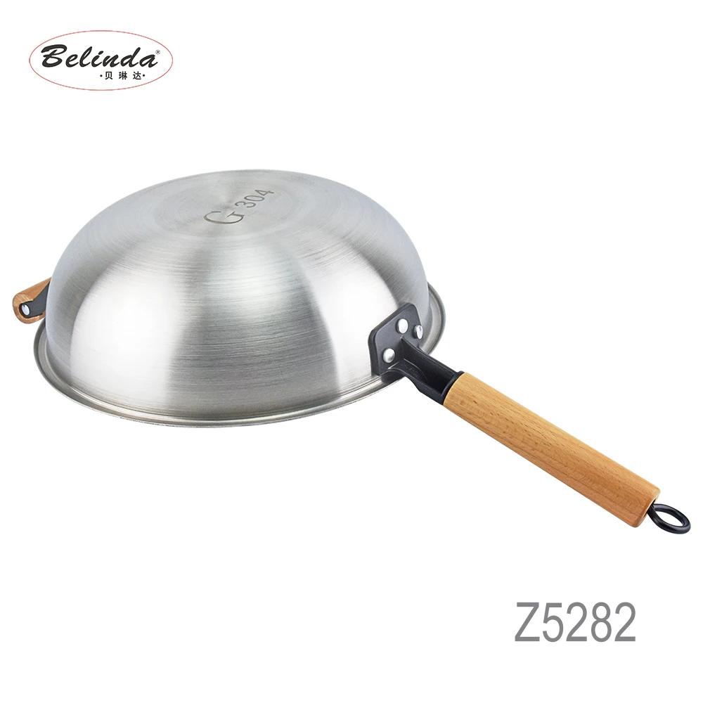 Kitchenware 32cm 34cm Metal Stainless Steel 304 Wok Fry Pan with Wooden Handle Z5282-6