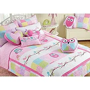 3 Piece Pink Girls Happy Owls Themed Quilt Queen Set, Gorgeous Colorful Pretty Birds,Flowery, Square Pattern, Beautiful Elegant Embroidery Print, Reversible Bedding, Abstract Pink Blue Green
