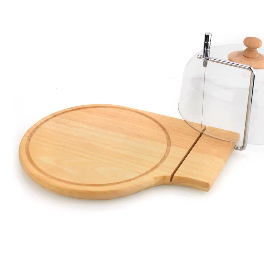 Clear Round Butter Cheese Keeper And Cutter With Wooden Board With