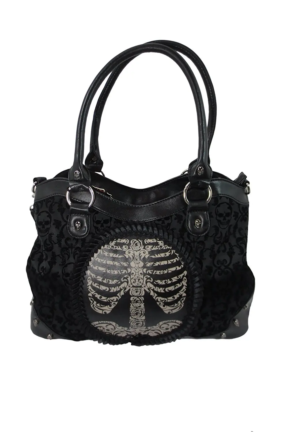 Banned Arel Black Flocked Cameo Skull Lady Rose Gothic Bag Banned Black Goth Steampunk Flocked Ribcage Skeleton Cameo Handbag Shoulder Bag