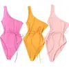 2019 New style high quality one piece solid high leg tie string one shoulder swimsuit