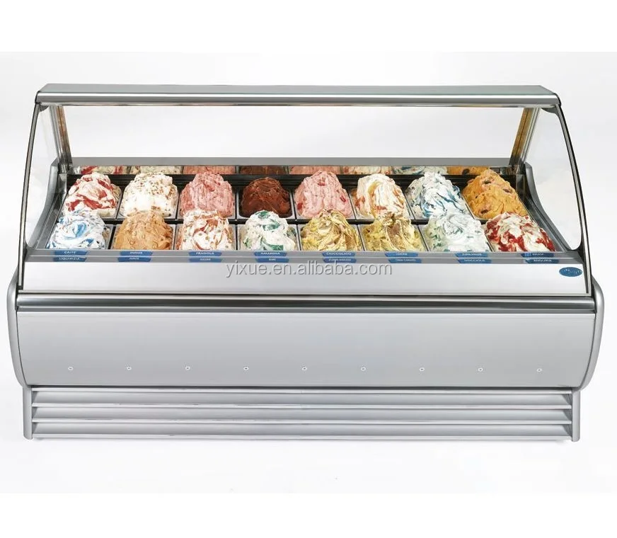 Commercial Curved Glass Ice Cream Refrigerator Italian Gelato Display