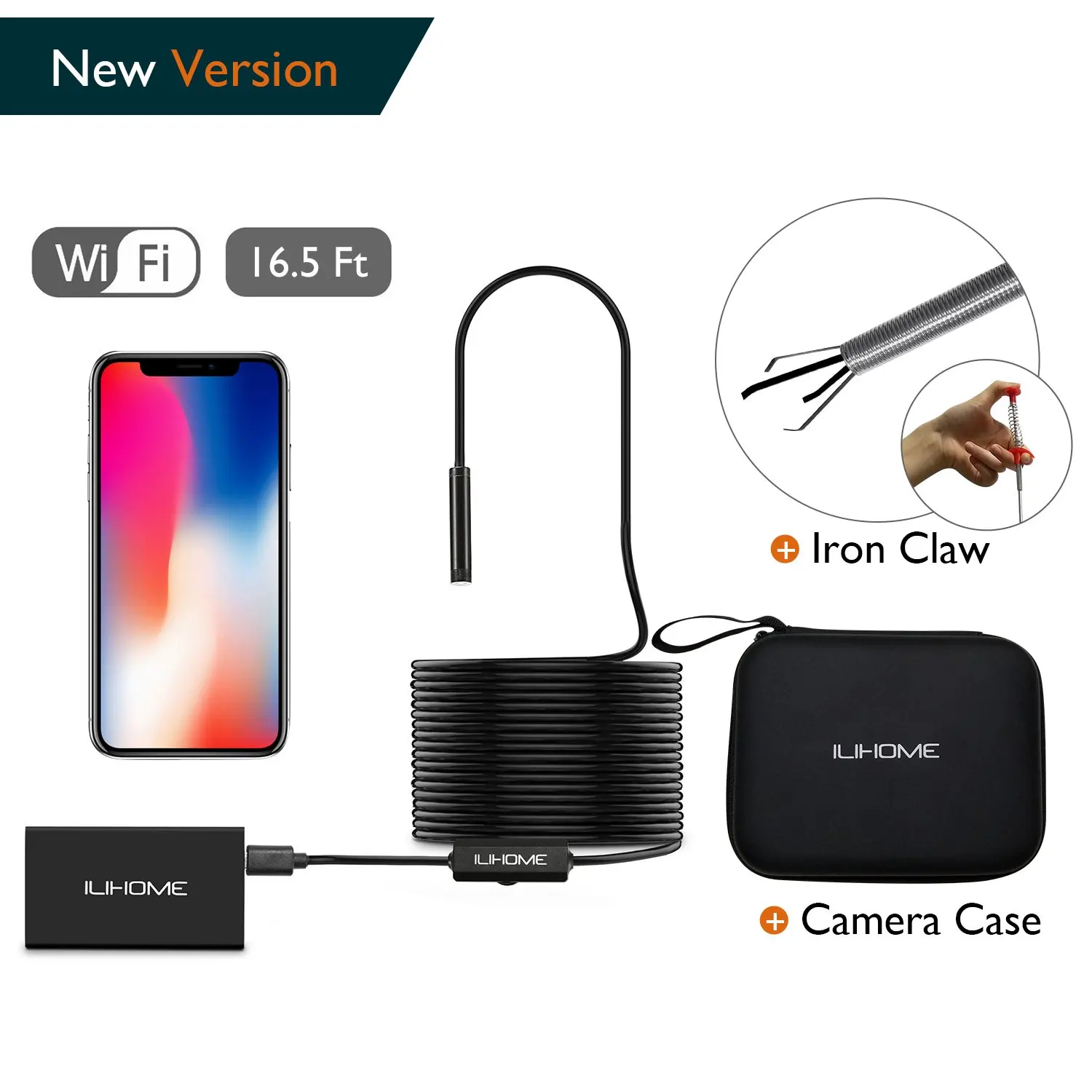 5.5mm Lens 16.5ft Semi-Rigid Cable 1200P HD Inspection Camera with 8 LEDs Waterproof Lens Borescope for Android iOS,Mac and Windows Devices ILIHOME WiFi Endoscope