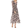 Custom Printed Shirred Detail at Waist and Long sleeves Full Skirt Slit Ruffle Maxi Dress