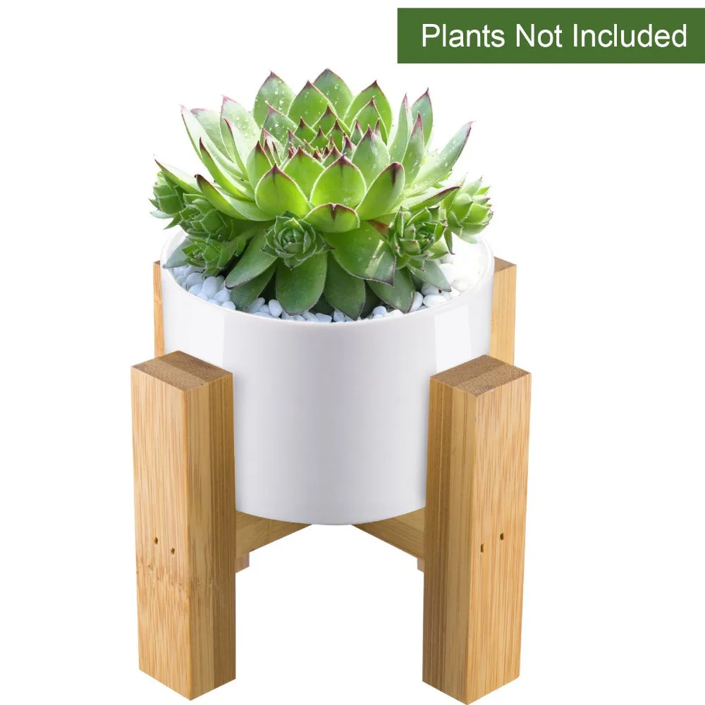Modern White Round Ceramic Planter Pot With Bamboo Stand Indoor Plant Holder For Succulent Plants Whiskey Display Shelf Rack Free Standing
