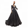 Glitter Navy Long Sleeve Evening Dress Gown Women Girls Prom Party Dresses with 3D Flowers