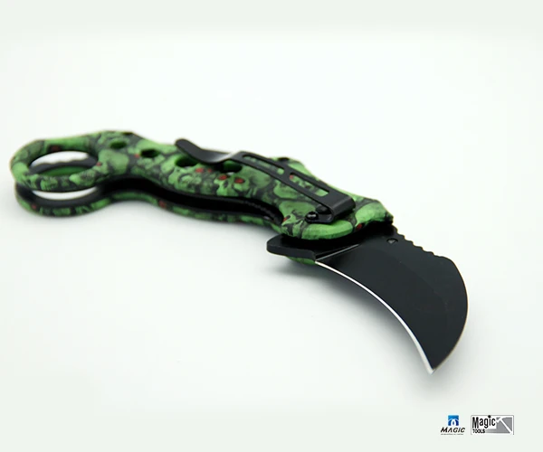 Green Skull Design Hunting Camping Bent Blade Folding Pocket Knife With Clip