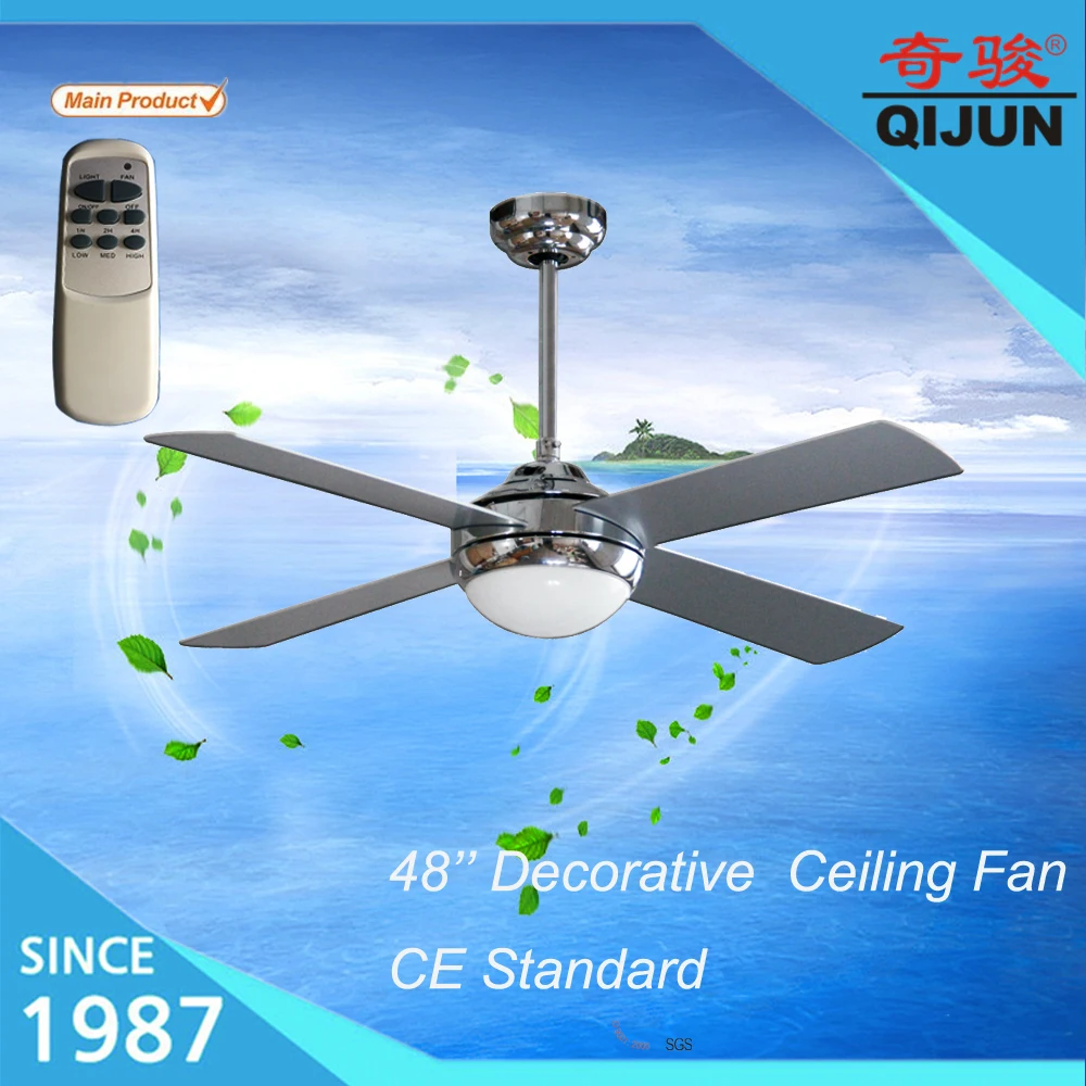 Remote control of 48 inch modern decorative lighting ceiling fan with 4 chrome MDF blades