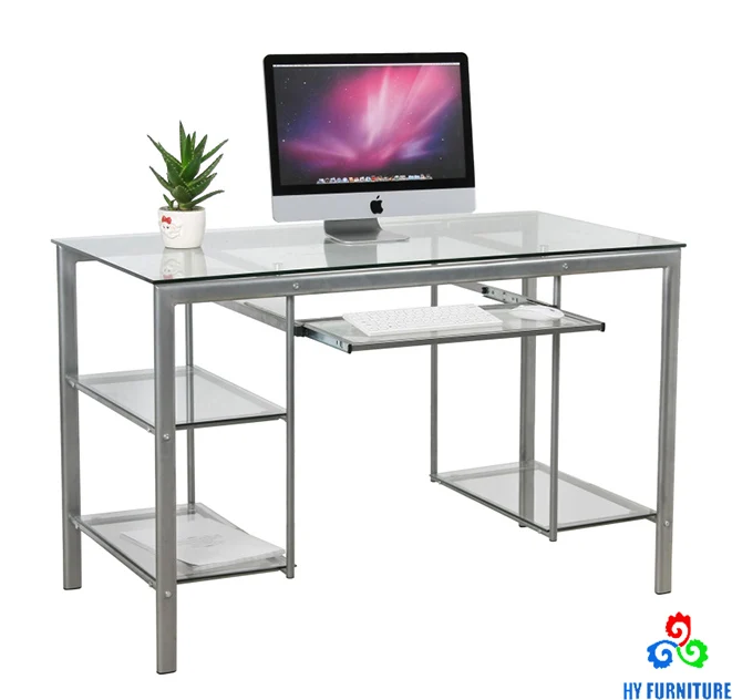 Steel Office Desk With Keyboard Drawers Glass Top Metal Computer