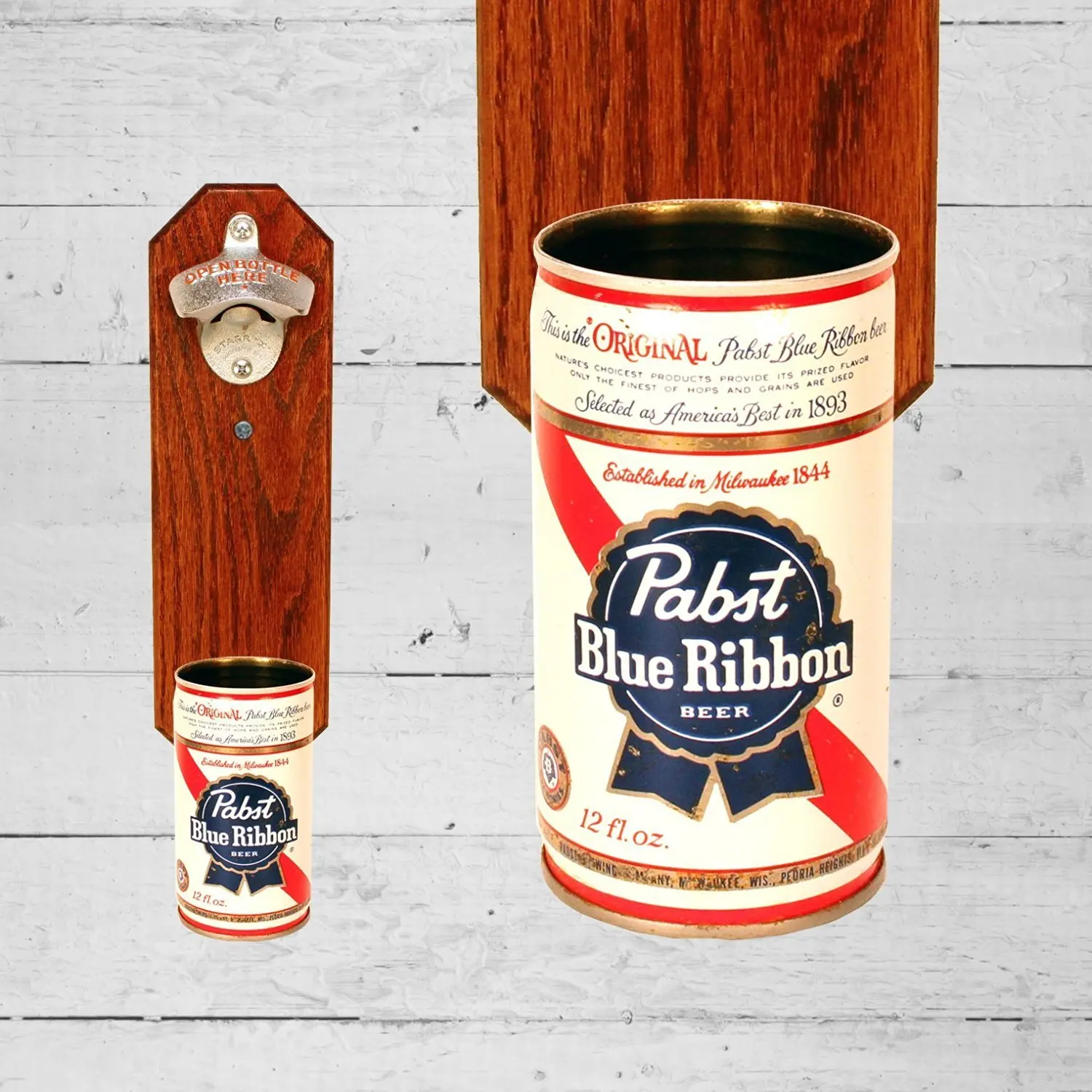 Wall Mounted Bottle Opener with Vintage Pabst Blue Ribbon Beer Can Cap Catc...