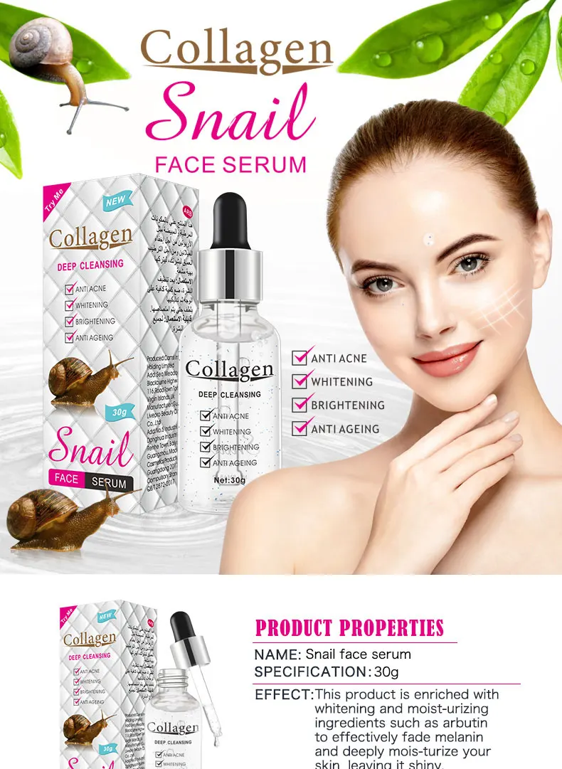 Organic Anti Aging Anti Acne Face Skin Care Serum Collagen Snail Repair Whitening Snail Serum For Face