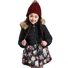 New 2016 Autumn Winter Girls Coat Plus Thick Velvet Floral Cotton Padded Fashion Fur Collar Hooded