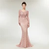 Dusty Pink Lace Backless Heavy Pearls Work Long Sleeve 2019 Women's Prom Dresses Sexy Women Mermaid Party Dress
