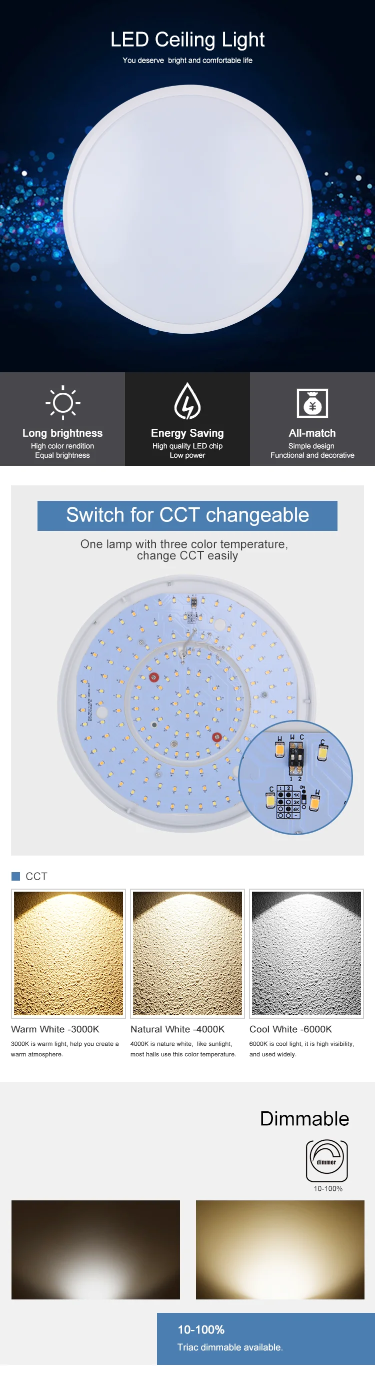 14W dimmable acrylic bedroom CCT led ceiling led light design modern dimming 14W