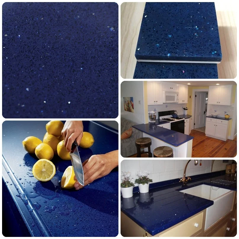 Durable L Shape Sparkle Blue Quartz Stone Kitchen Countertop Buy Dark