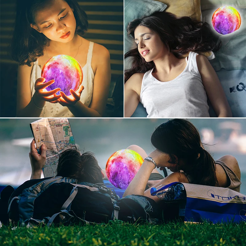 6 inches 7 colors decorative 3D printed moon light, touch and pat 3 color changing night lamp for gifts