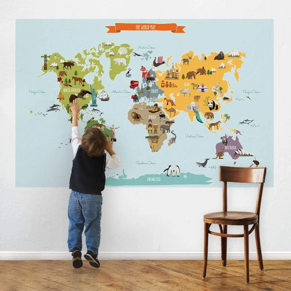 Childrens World Map Poster Wall Sticker Illustrated World Map (Large - 70" w x 45.5" h) - by Simple Shapes