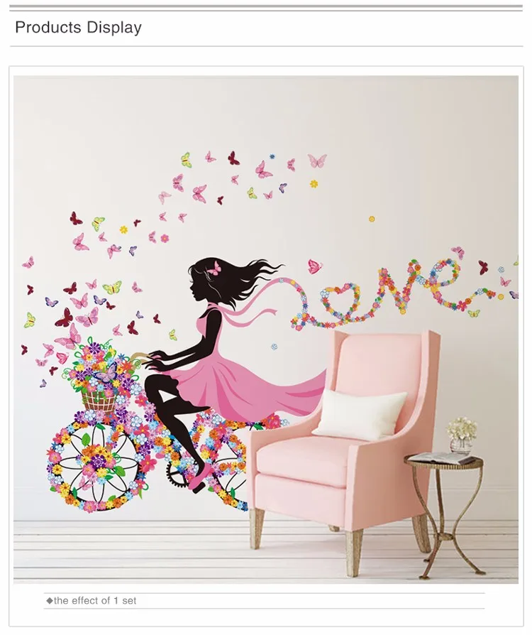 Stickers Flowers Shijuehezi Cartoon Girl Wall Stickers Diy Flower Bicycle Wall Decals For Kids Room Baby Bedroom Kindergarten Decoration Wall Art