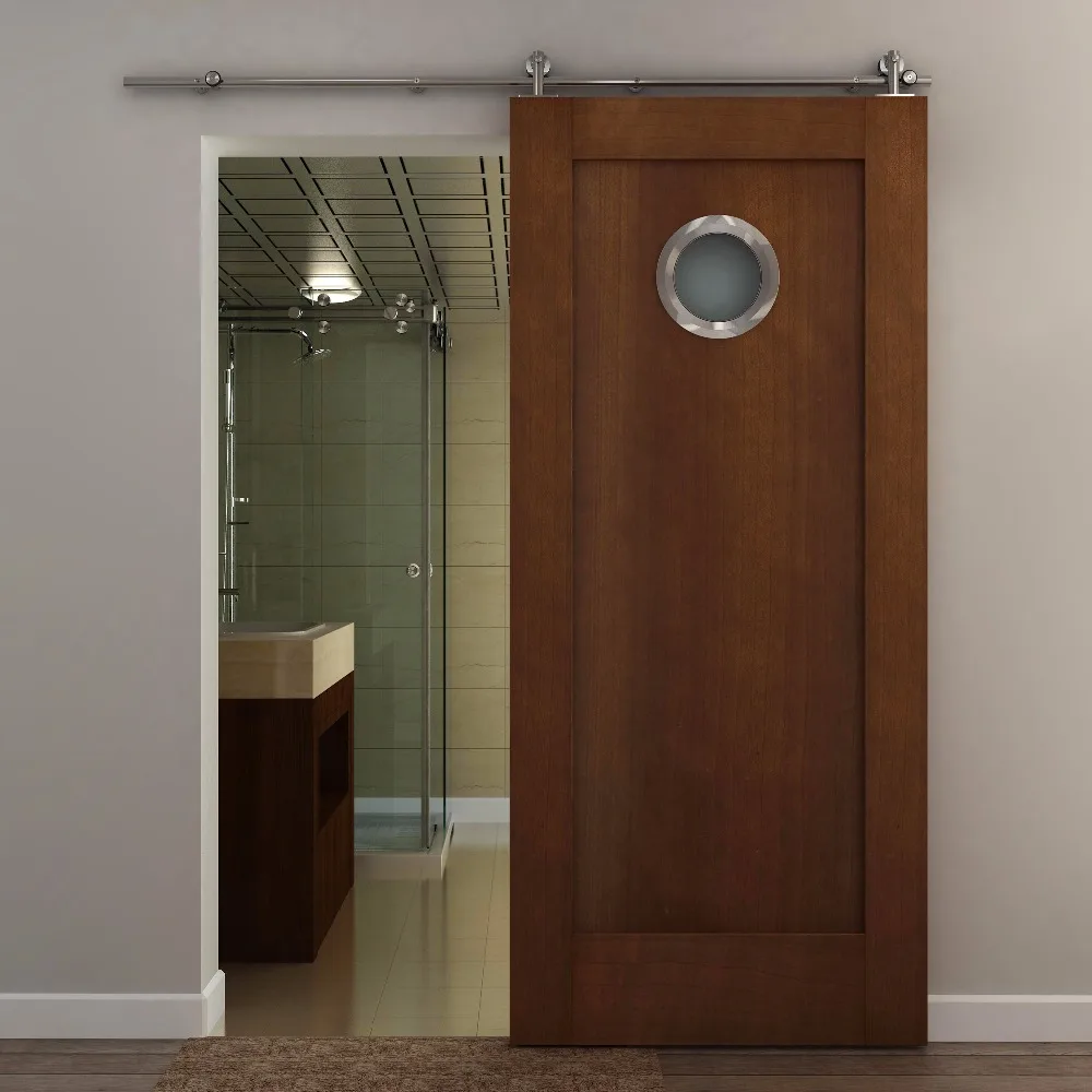 Port Hole Wood Barn Door With Stainless Steel 304 Top Mount Sliding