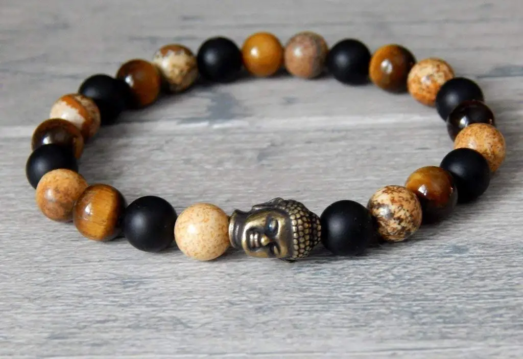 Mens Mulit-Gemstone Buddha Bracelet Tiger Eye Matte Black Onyx Picture Jasper Yoga Meditation Mala