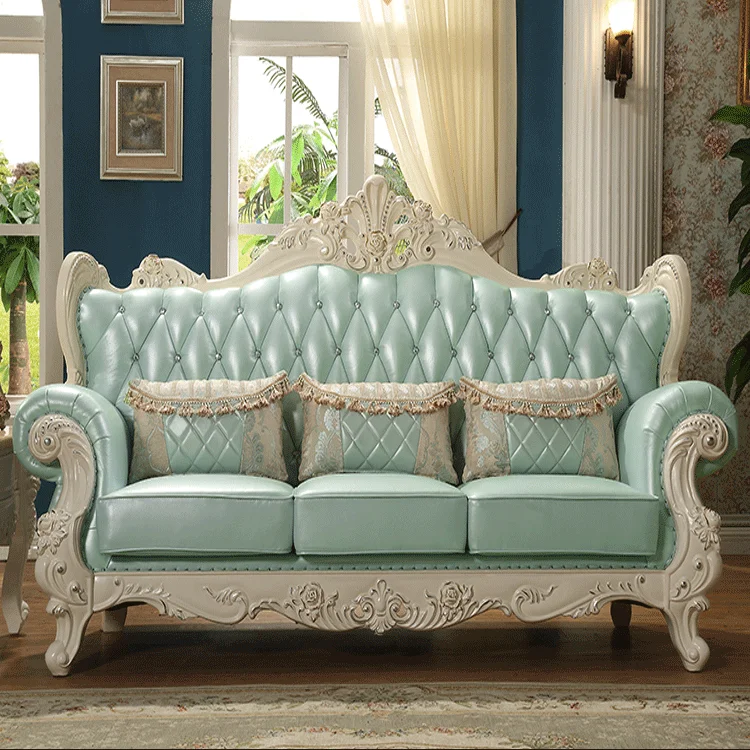 Light Green Luxury Genuine Leather Solid Wood Sofa Set For Living Room