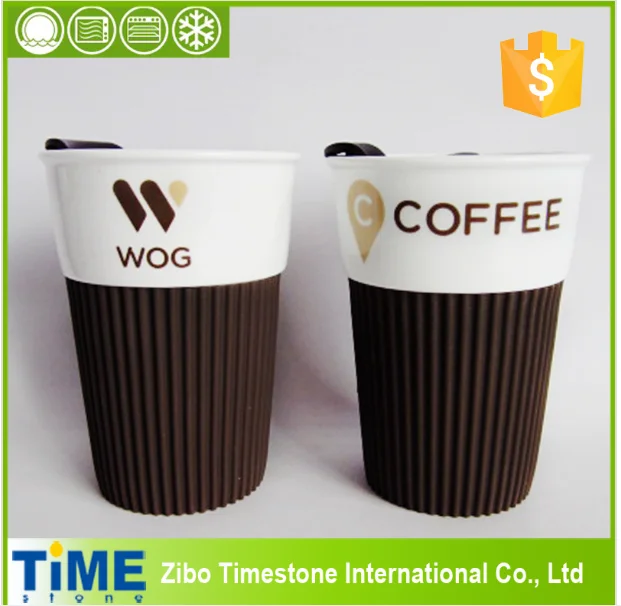 Ceramic Coffee Travel Mug With Plastic Lid And Silicone Sleeve And Logo