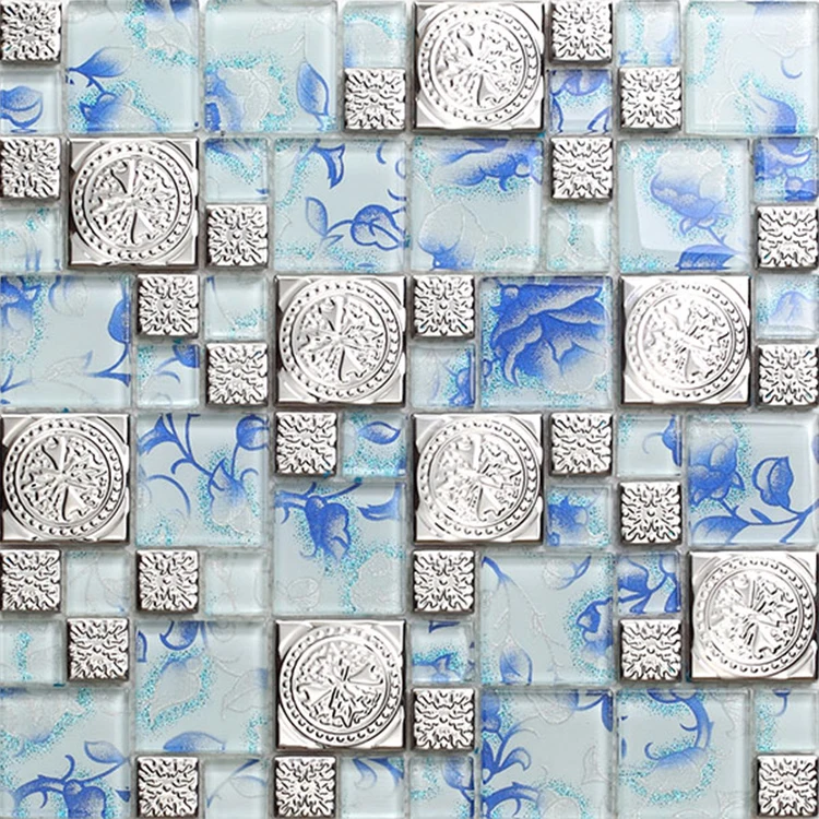 Carved silver metal mix blue rose crystal glass mosaic
