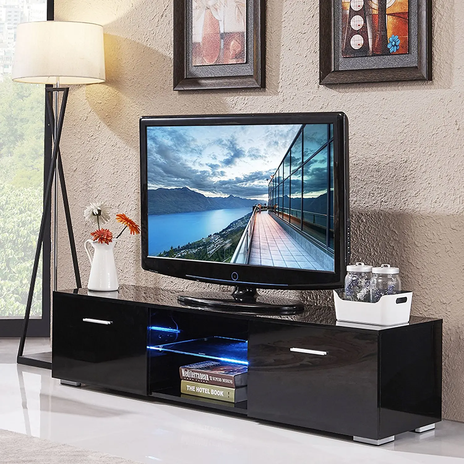 Buy OUTAD High Gloss TV Stand with LED Light and 2 Drawers ...
