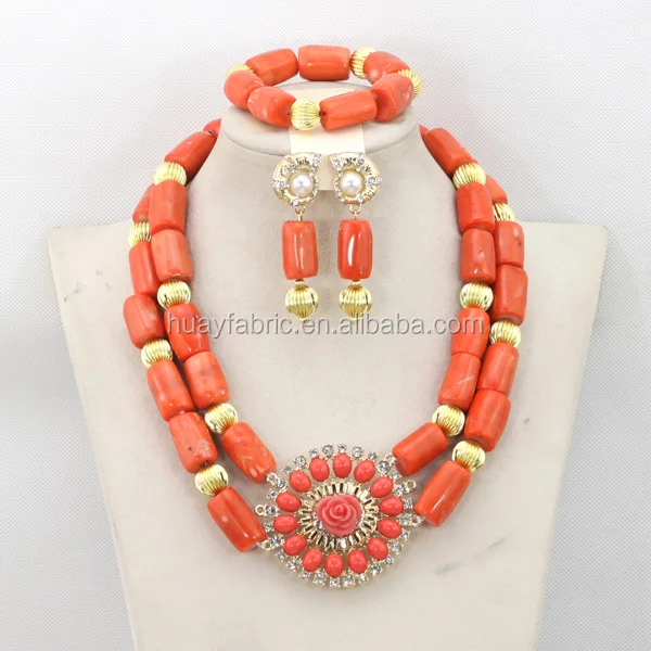 Nigerian Coral Beads Jewelry Set African Chunky Statement Necklace Set