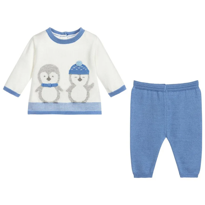 Factory OEM Print Design Winter Cartoon Knitted Cotton Kids Clothing Set For Boy Girl