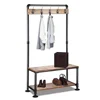 Industrial Pipe Clothing Rack Pine Wood Shelving Shoes Rack Cloth Hanger Pipe Shelf Garment Rack with Wheel (Silver)