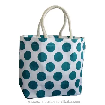 Blue Polka Dot Printed Jute Bag Beach Blue Polka Dot Printed Jute Bag Beach Customized Fine Quality