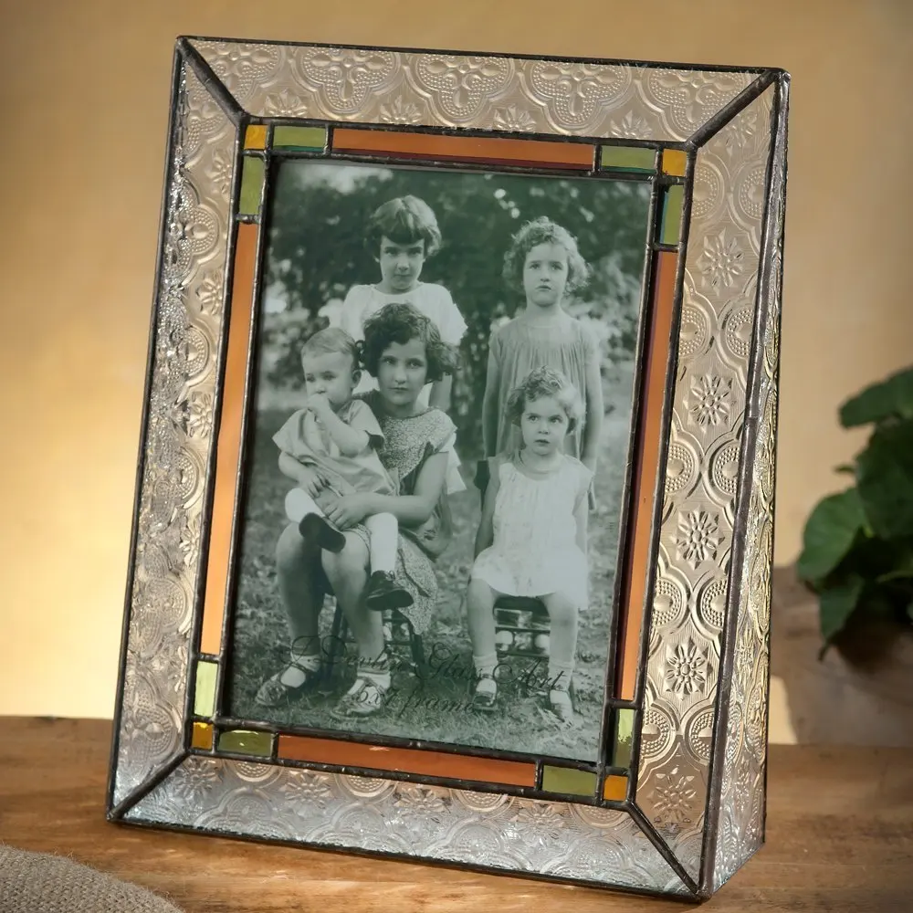 J Devlin Pic 137-57V Vintage Stained Glass Picture Frame Tabletop 5x7 Vertical Photo Frame Multi Colored in Pale Purple Green Amber Family Picture Frame