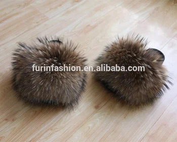 Fluffy Big Raccoon Fur Slides For Kids 