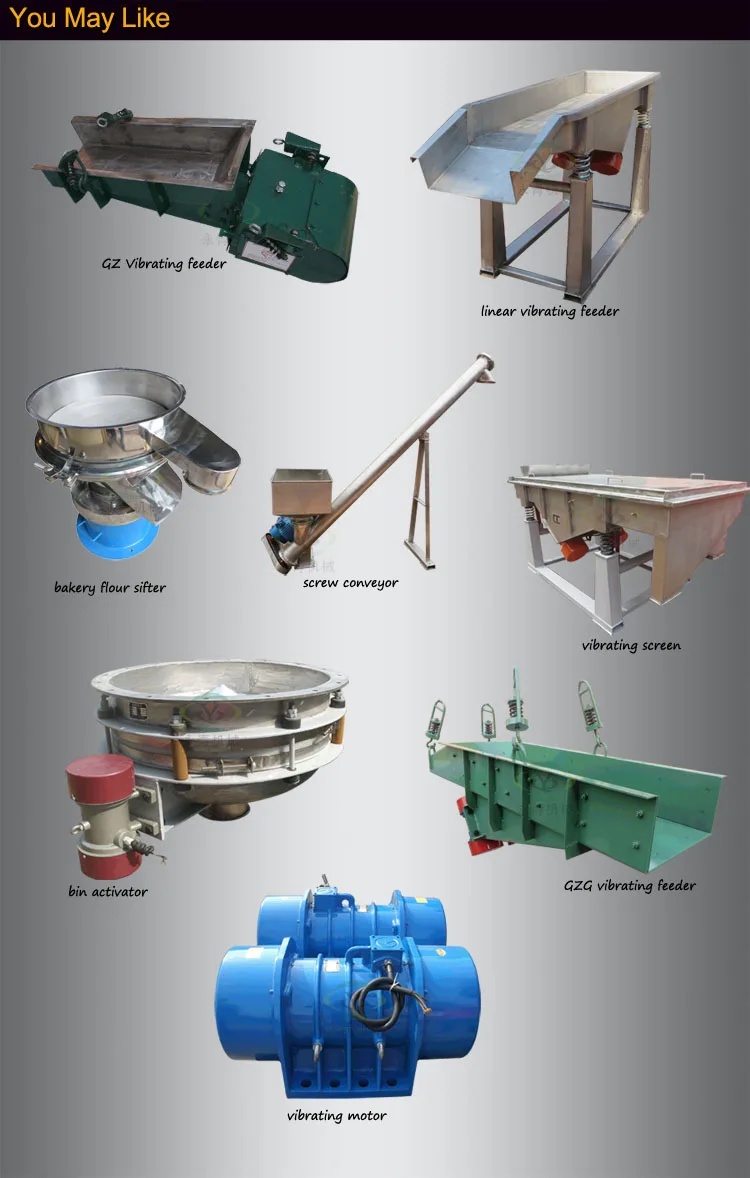 Vibrating feeder conveyor with vibration motors for grain processing