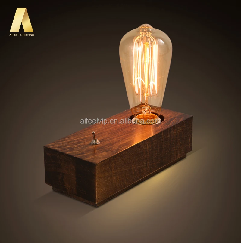 Simple style retro wooden base antique wood color use led filament edison bulb adjustable table lamp for coffee table or bar