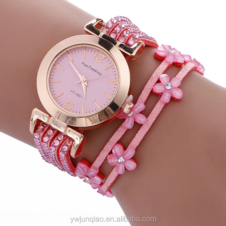 Hot Sale Fashion Diamond Leather Quartz Flower Ladies Fancy Wrist