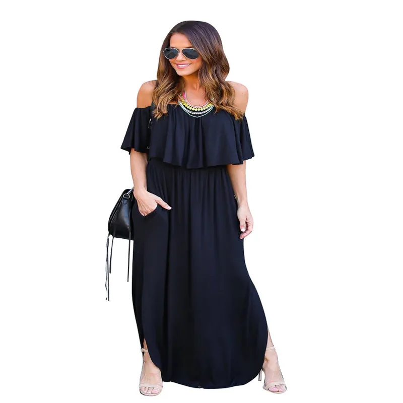 Womens Floral Off The Shoulder Dresses Summer Casual Ruffle High Waist Slit Long Maxi Dress with Pockets