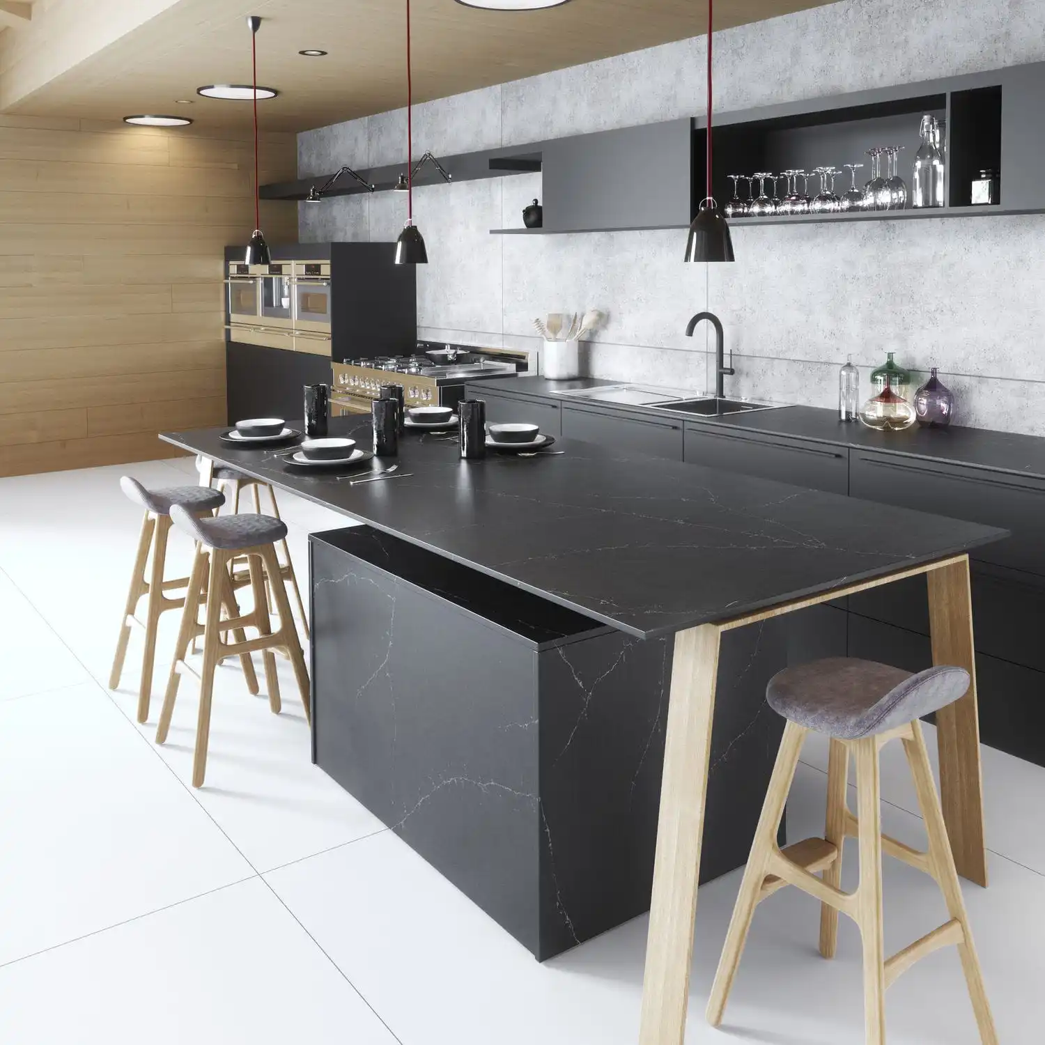 Crystal Black Quartz Countertop Pure Black Artificial Quartz Stone Kitchen Countertop Form