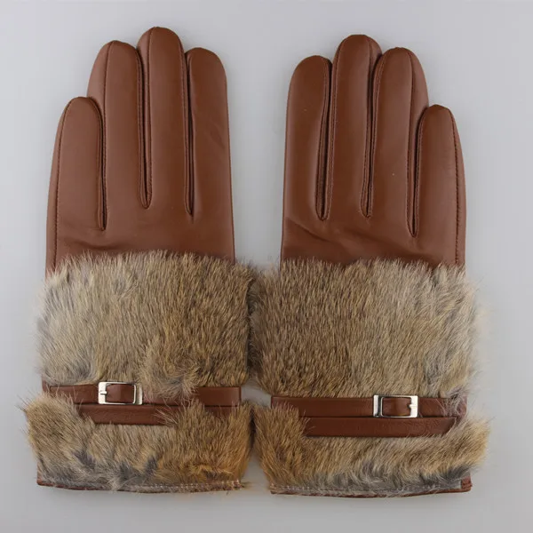 2016 fashion and sexy women rabbit fur cuff industial leather hand glove for warm winter