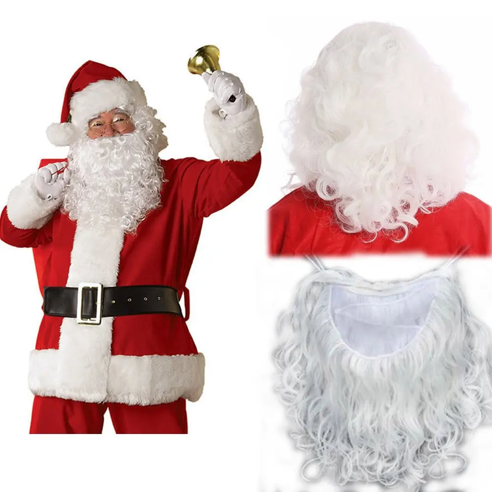 Economy Father Christmas Wig and Beard Thick Santa Claus wig Moustache Set White Curly Wavy Fluffy Long Wig for Xmas Fancy Dress Masquerade Party Costumes Role Play 240g+Free Wig Net