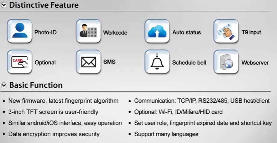 Qclear-TC Touch keypad biometric Fingerprint Time and attendance recorder with WiFi function
