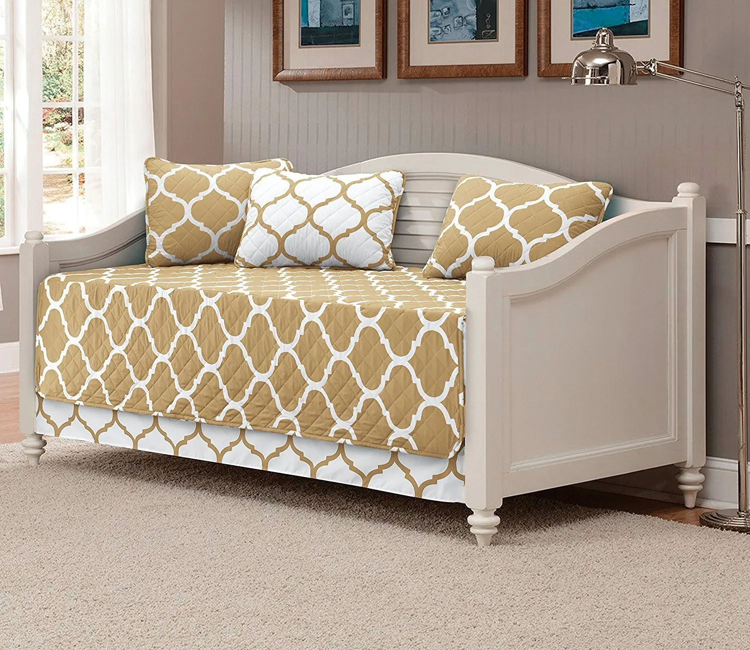 Fancy Collection 5pc DayBed Quilted Bedspread Coverlet Set Modern Geometric Taupe/White New