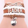 Colorful Rope Weaving Teach Apple Love Custom Wording Leather Braided Infinity Love Teacher Bracelet