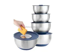 Stainless Steel 5 Piece Mixing Bowl Set - with Lids, Non-Slip Surface and 3 Grater Attachments