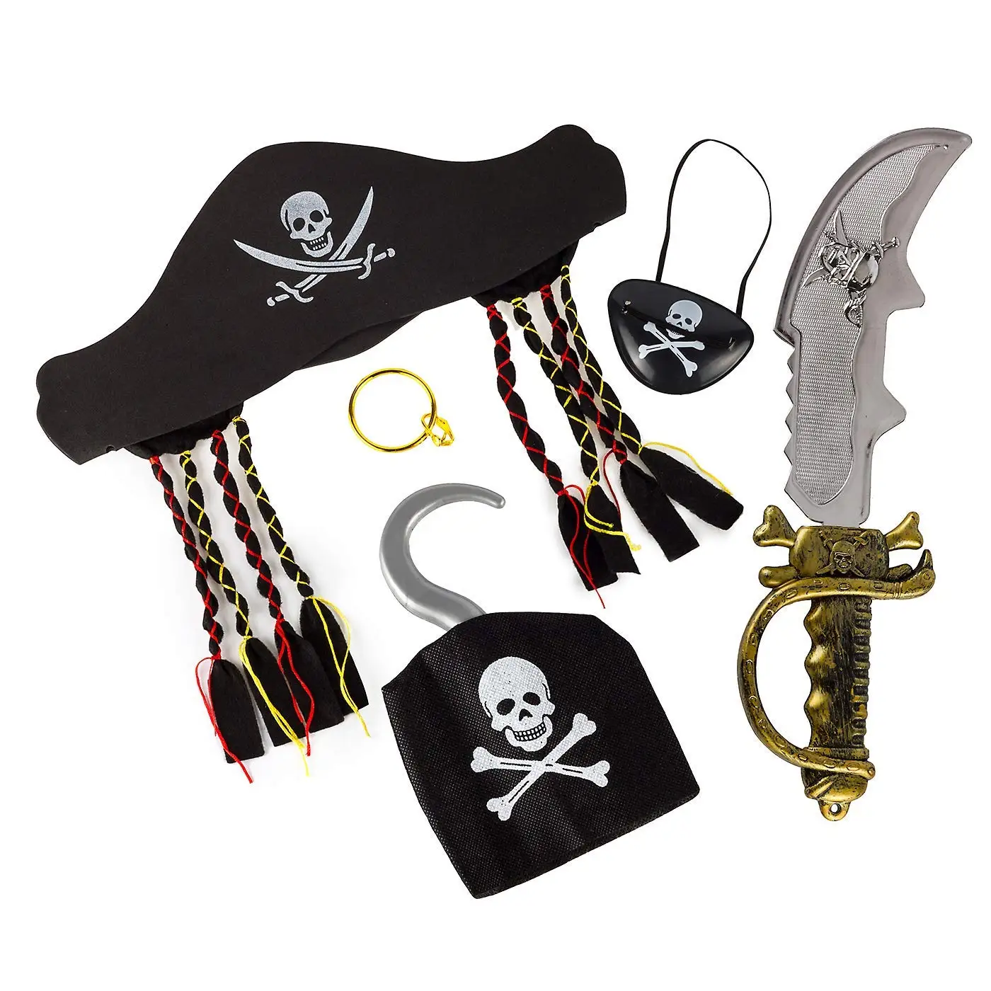 Halloween Pirate Costume Accessory Set (5pcs) Include Pirate Hat Sword Ear Ring Hook and Eye Patch