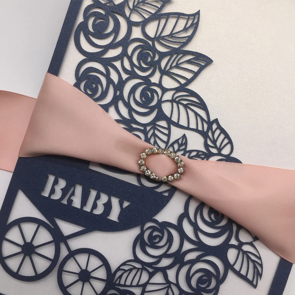 Free Ribbon Laser Cut Baby Shower Invitations Card Birthday Greeting